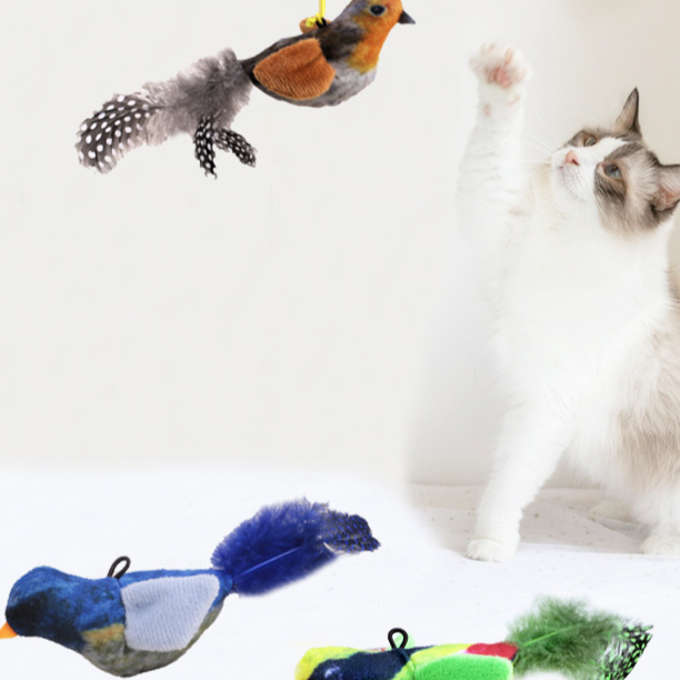 Simulation Sound Bird Cat Toy with Feathers